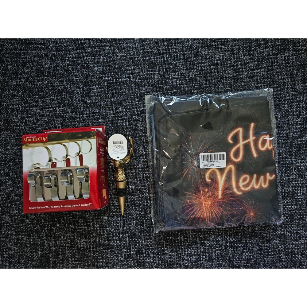 Holiday Bundle MantleClip Stocking Holders Reindeer Wine Stopper New Year Pillow